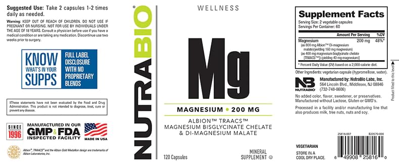 NutraBio Magnesium Supplement, Magnesium Glycinate for Sleep, Biglycinate, D-Magnesium Malate, Muscle & Nerve Support, for Men and Women, 120 Vegetable Capsules NutraBioBuy Supplements Australia