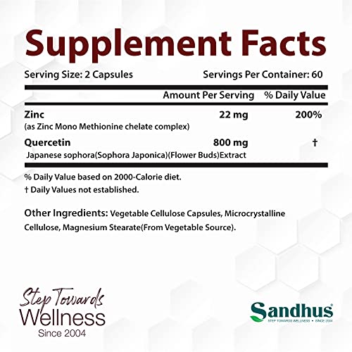 Sandhu's Zinc Quercetin 120 Vegetarian Capsules – Zinc Supplements for Antioxidant Sandhu'sBuy Supplements Australia