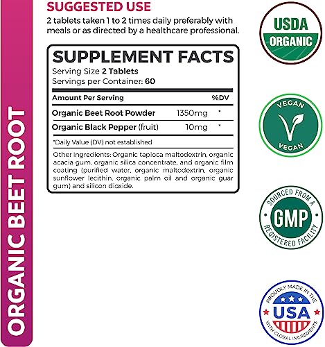 USDA Organic Beet Root Powder (120 Tablets) 1350mg Beets Per Serving with Black Pepper Healths HarmonyBuy Supplements Australia