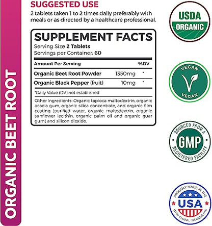 USDA Organic Beet Root Powder (120 Tablets) 1350mg Beets Per Serving with Black Pepper Healths HarmonyBuy Supplements Australia