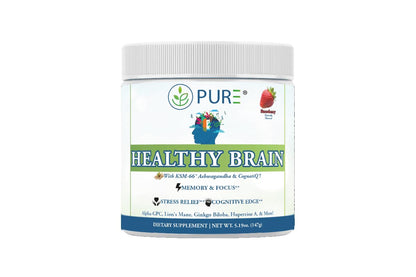 PURE® Healthy Brain Nootropic Powder - 30 Servings - 1.25g Lion’s Mane, 600mg Alpha-GPC & KSM-66® Ashwagandha - Cognitive Support for Memory, Focus & Stress Relief - 147 Grams, Strawberry Flavor! PUREBuy Supplements Australia