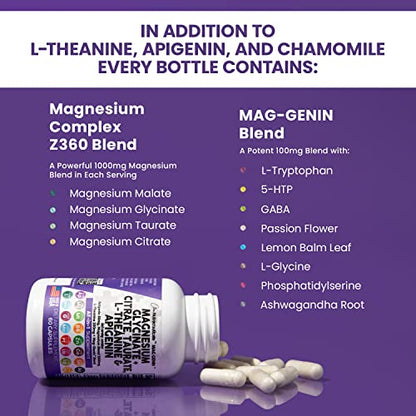 Magnesium Glycinate Complex 1000mg with L-Theanine 200mg Apigenin 50mg Citrate Taurate Supplement - 5-HTP GABA Passion Flower Lemon Balm L-Glycine Phosphatidylserine Ashwagandha - USA Made Clean Nutra