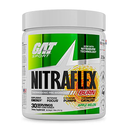 GAT SPORT NITRAFLEX Burn, Pre Workout Thermogenic Powder, Apple Melon, 30 Servings