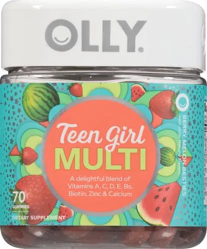 OLLY Teen Girl Multi Gummy, Healthy Skin and Immune Support, 15 Essential Vitamins, Biotin, Zinc, Calcium, Chewable Multivitamin OLLY