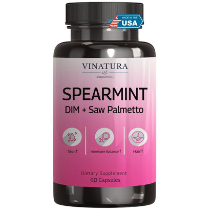 VINATURA Spearmint Leaf Capsules Supplement - Enhanced with DIM & Saw Palmetto, for Unwanted Hair, Women' Health & Skin *USA Made & Tested* - 1380mg/serving, 60 Capsules (30 Servings) VINATURABuy Supplements Australia
