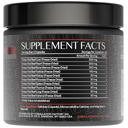 Formulation Factory Beef Liver Capsules - 10-in-1 Primal Powder Beef Organ Supplement for Men & Women with Bone Marrow & Beef Testicle - Grass Fed Ancestral Health - 120 Capsules, 2 Month Supply Formulation FactoryBuy Supplements Australia