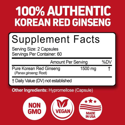 Herbtonics Korean Red Panax Ginseng 1500mg - Energy Supplement for Peak Performance, Focus & Vitality - High Potency Ginseng Root Extract - 120 Vegan Capsules HerbtonicsBuy Supplements Australia