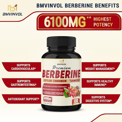BMVINVOL Premium Berberine HCl 6-in1 Equivalent 6100mg - 120 Capsules - Plus Ceylon BMVINVOLBuy Supplements Australia