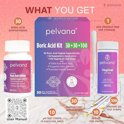 Pelvana Boric Acid Suppositories 30 + 30 Applicators + 100 pH Test Strips = 160 Piece PelvanaBuy Supplements Australia