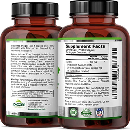 Zazzee Extra Strength Mullein 10:1 Extract, 3000 mg Strength, 120 Vegan Capsules ZazzeeBuy Supplements Australia