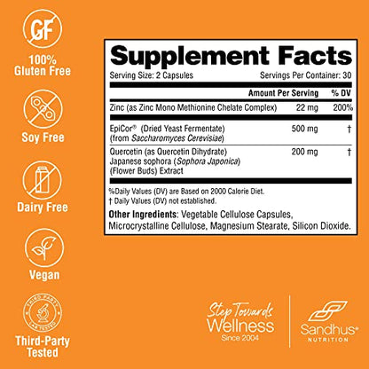 Sandhu's Zinc Quercetin with EpiCor® 60 Vegetarian Capsules - Gluten-Free Zinc Sandhu'sBuy Supplements Australia