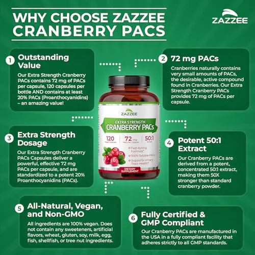 Zazzee Cranberry PACs, 72 mg PACs per Capsule, 2X Strength, 100% Soluble, 120 Vegan Capsules, 50:1 Extract, 18,200 mg Strength, Fast-Acting, Effective Urinary Tract Support, Made in The USA ZazzeeBuy Supplements Australia