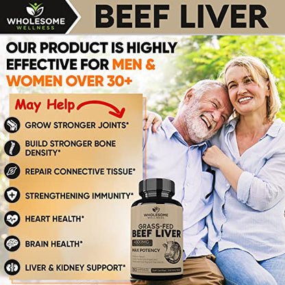 Grass Fed Desiccated Beef Liver Capsules (180 Pills, 750mg Each) - Natural Iron, Vitamin A Wholesome WellnessBuy Supplements Australia