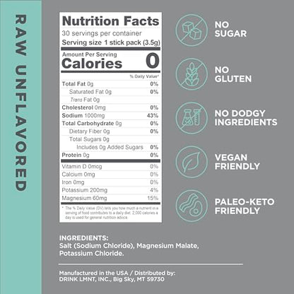 LMNT Zero-Sugar Electrolytes - Raw Unflavored Salt - Hydration Powder Packets Drink LMNTBuy Supplements Australia