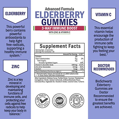 Elderberry Gummies with Zinc and Vitamin C for Adults & Kids - Natural Immune Support BioSchwartzBuy Supplements Australia