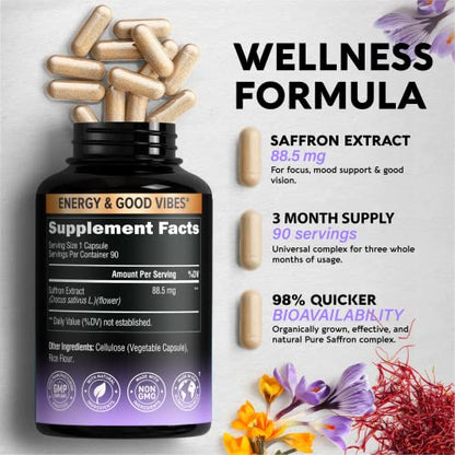 Natural Saffron Supplements - Pure Saffron Extract 88.5 mg - Made in USA - Mood NUTRAHARMONYBuy Supplements Australia