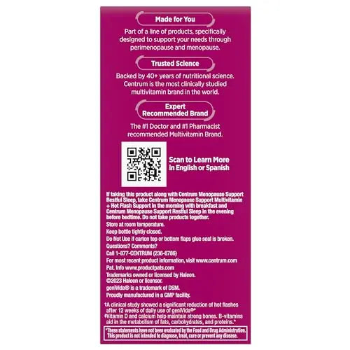 Centrum Complete Multivitamin Supplement + Hot Flash Support Menopause Support Tablets, with Clinically Studied geniVida, 30 Count Centrum