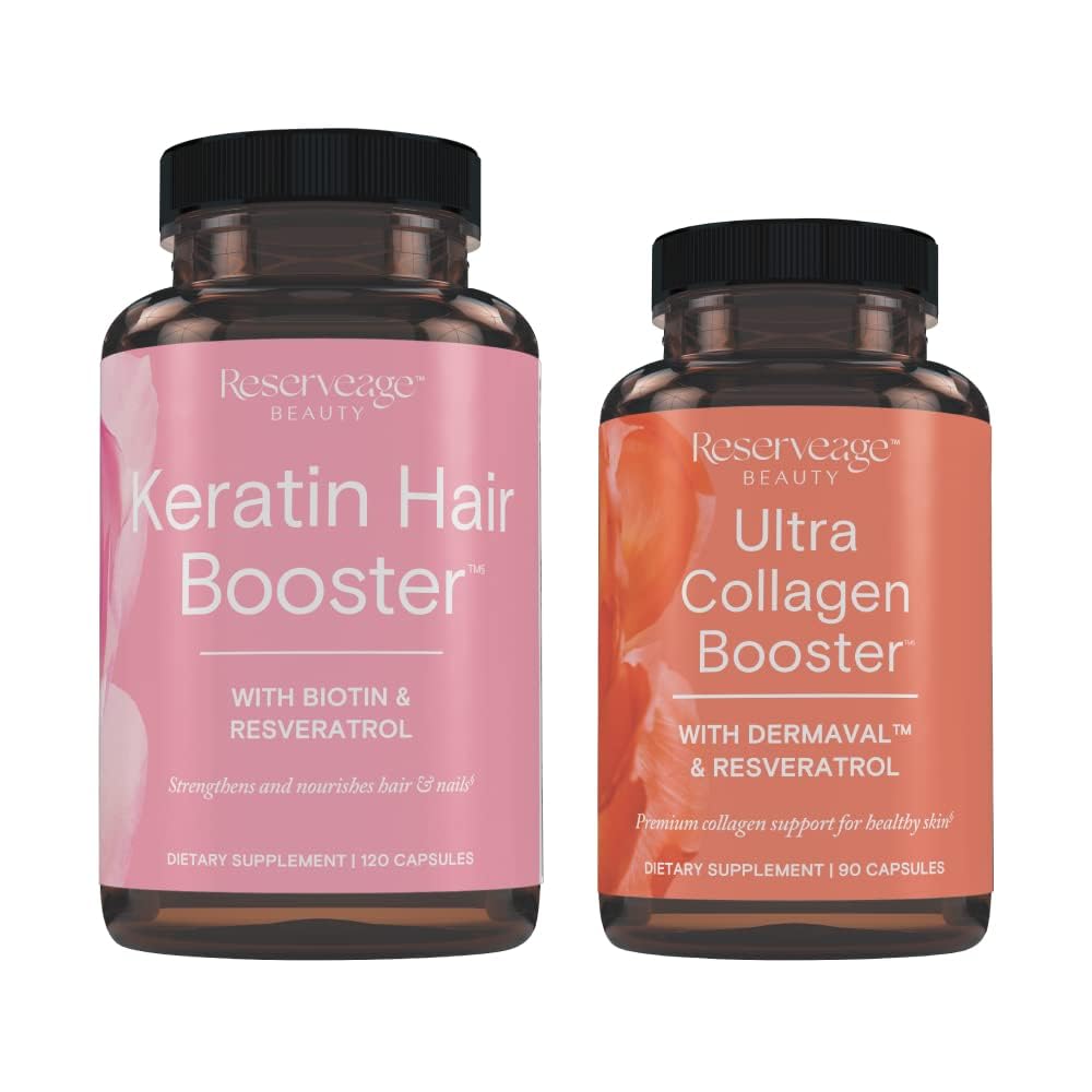 Reserveage Ultra Collagen Booster & Keratin Hair Booster - Features Dermaval, Biotin & Resveratrol - Support Hair & Skin - 90 Ultra Collagen Booster Capsules, 120 Keratin Hair Booster Capsules Reserveage NutritionBuy Supplements Australia