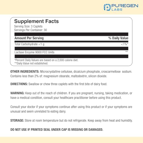 Puregen Labs Dairy Relief Natural Fast Acting Lactase Enzyme 3000 FCC, Lactose Intoleran P Puregen LabsBuy Supplements Australia