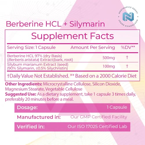 Nootropics Depot Berberine HCL + Silymarin Capsules | 500mg + 90mg | 180 Count Nootropics DepotBuy Supplements Australia