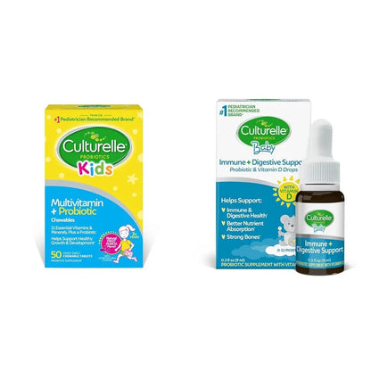 Culturelle Kids Complete Multivitamin + Probiotic Chewables, 50 Count Baby Immune & Digestive Support Probiotic + Vitamin D Drops, 30 Day Supply CulturelleBuy Supplements Australia