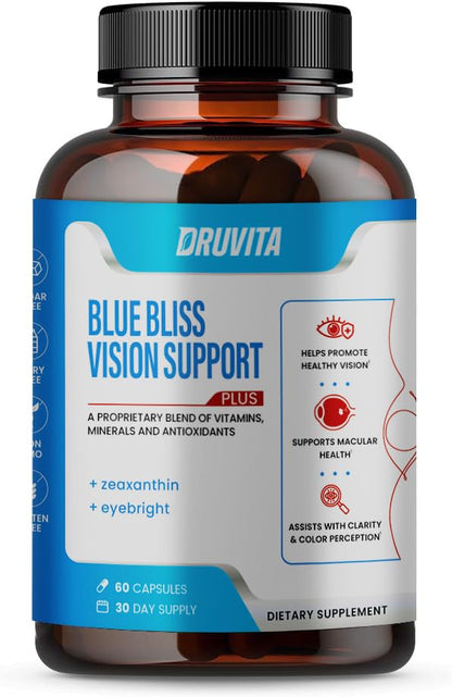 Blue Bliss Vision Support - Eye Vitamins with Lutein, Biotin, Bilberry and Zeaxanthin - Vitamin Supplement for Vision Health and Preservation for Adults Seniors 60 Veggie Capsules 30 Day Supply DruvitaBuy Supplements Australia
