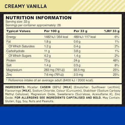 Optimum Nutrition Gold Standard 100% Casein Slow Digesting Protein Powder with Zinc Optimum NutritionBuy Supplements Australia
