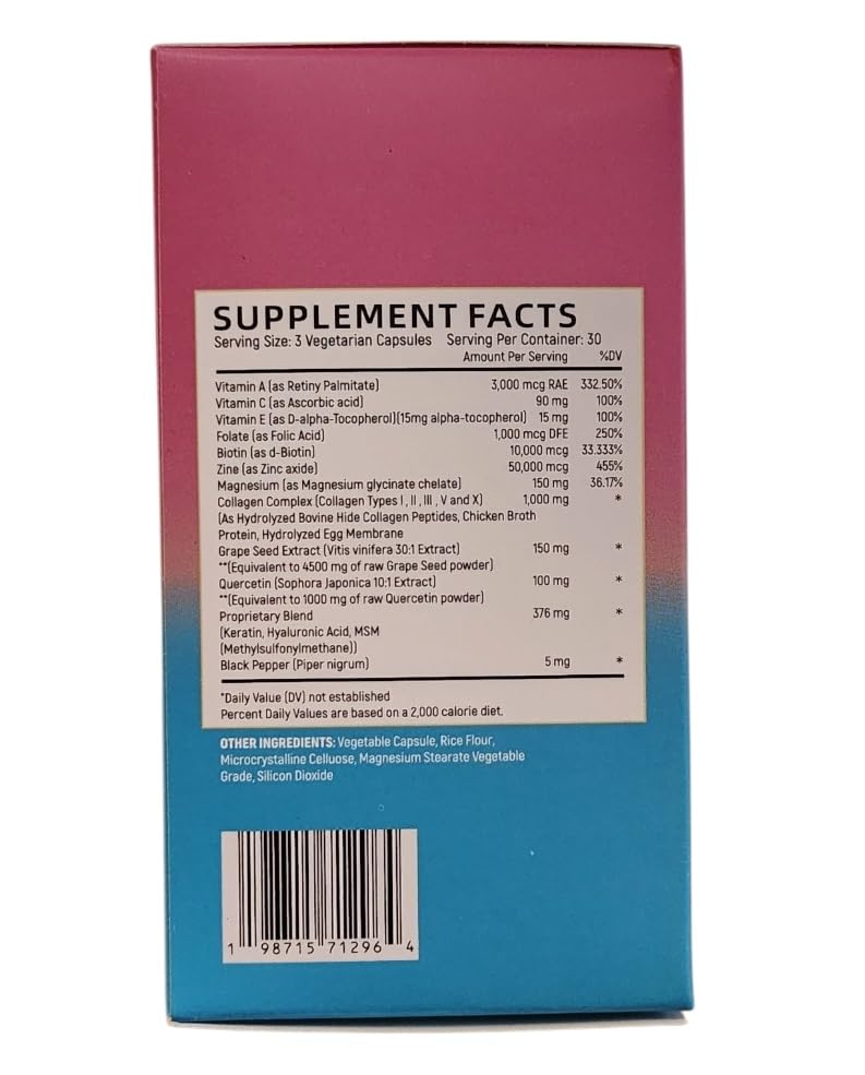 Collagen Peptides Types I, II, III, V & X, 64000 MCG, 14 in 1, Biotin, Keratin, Hyaluronic Acid, Magnesium, MSM, Grape Seed, Vitamin A C & E, Black Pepper, Quercetin, Folate, Zinc (90 Veggie Caps) Main ProductsBuy Supplements Australia