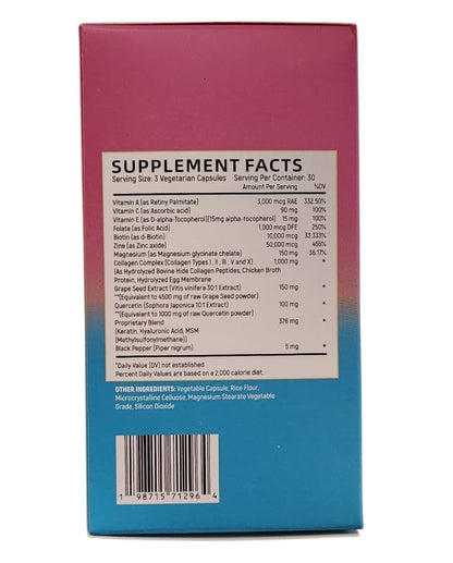 Collagen Peptides Types I, II, III, V & X, 64000 MCG, 14 in 1, Biotin, Keratin, Hyaluronic Acid, Magnesium, MSM, Grape Seed, Vitamin A C & E, Black Pepper, Quercetin, Folate, Zinc (90 Veggie Caps) Main ProductsBuy Supplements Australia