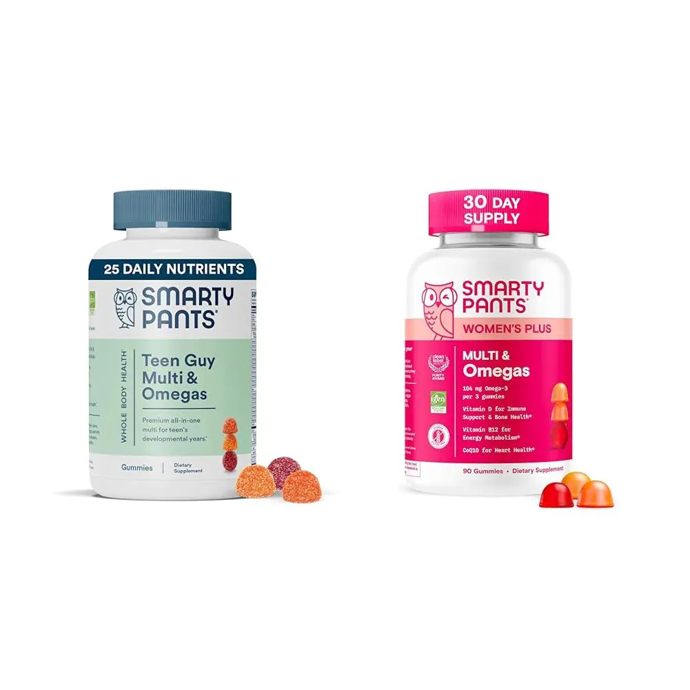 SmartyPants Women's and Teen Guy Multivitamin Gummies Bundle: Omega 3 (DHA/EPA), Methylfolate, CoQ10, Vitamin D3, C, Vitamin B12, B6, Vitamin A, K & Zinc, Gluten Free (30 Day Supply) SmartyPantsBuy Supplements Australia
