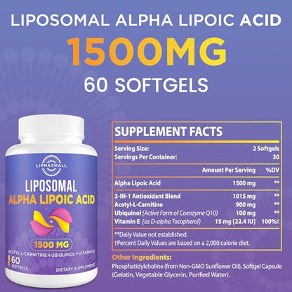 Liposomal Alpha Lipoic Acid 1500mg - with Acetyl-L-Carnitine 900mg & Ubiquinol 100mg lipmaxmallBuy Supplements Australia