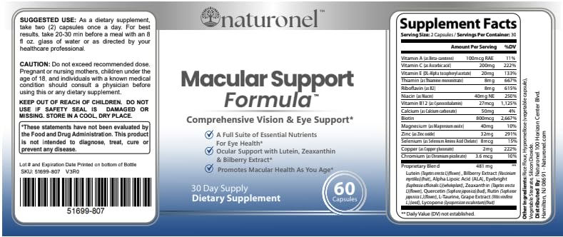 Naturonel Macular Support Formula – Vision & Eye Health with Lutein, Zeaxanthin, Bilberry, Eyebright & Antioxidants | Non-GMO, Made in USA, GMP Certified – 60 Capsules, 30 Day Supply (1) NaturonelBuy Supplements Australia