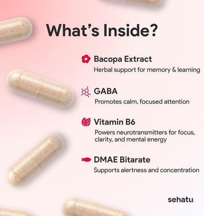 SEHATU Focus Plus Cognitive Performance Enhancer | with N-Acetyl L-Tyrosine, DMAE Bitartrate, GABA, Glutamic Acid | Boosts Focus, Enhances Memory, Supports Brain Health | 60 Count | 30 Day Supply SEHATUBuy Supplements Australia