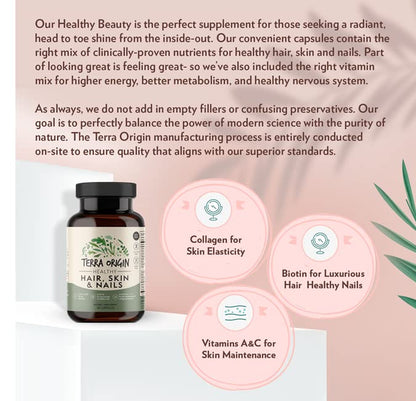 TERRA ORIGIN Healthy Hair, Skin and Nails Supplement | Collagen, Biotin, Horsetail & B-Complex | Supports Hair Strength, Skin Elasticity & Nail Growth | Vitamins for Women and Men | 60 Capsules TERRA ORIGINBuy Supplements Australia