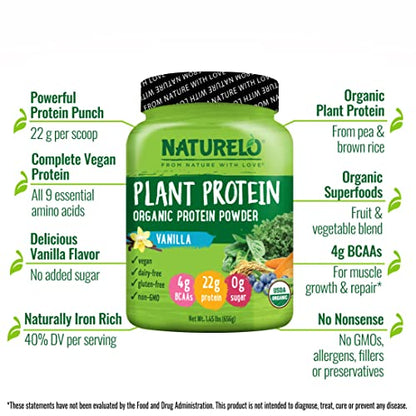 NATURELO Plant Protein Powder, Vanilla, 22g Protein - Non-GMO, 20 Ser