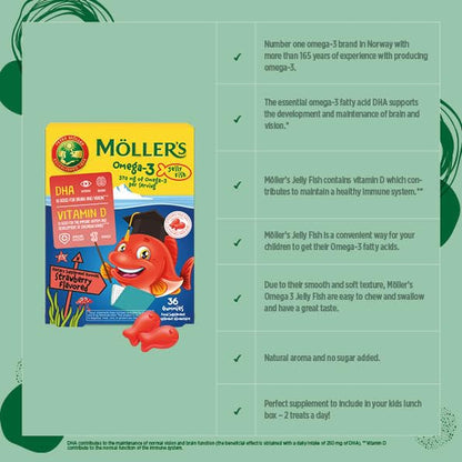 MÖLLER'S Omega 3 Capsules, Natural Fish Oil Omega3 for Kids with DHA and EPA, No Gluten, Lactose or Added Sugar & Easy to Chew, Strawberry Flavor, 36 Capsules MÖLLER'SBuy Supplements Australia