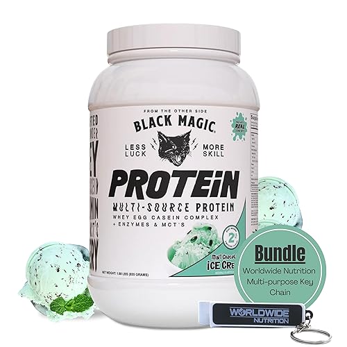 Worldwide Nutrition Bundle, 2 Items: Black Magic Multi-Source Protein Powder - Whey, Egg Albumin Enzymes, Micellar Casein & MCTs - Muscle Mass Gaining - Mint Chocolate Flavor - 2 LB and Keychain Worldwide NutritionBuy Supplements Australia