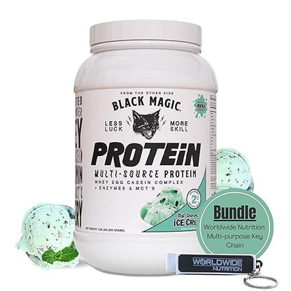 Worldwide Nutrition Bundle, 2 Items: Black Magic Multi-Source Protein Powder - Whey, Egg Albumin Enzymes, Micellar Casein & MCTs - Muscle Mass Gaining - Mint Chocolate Flavor - 2 LB and Keychain Worldwide NutritionBuy Supplements Australia