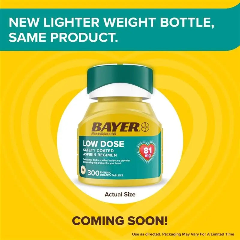 Bayer Aspirin Low Dose 81 mg, Enteric Coated Tablets, Doctor Recommended, Secondary Prevention of Cardiovascular Disease, 300 Safety Coated Tablets (Packaging may vary) BayerBuy Supplements Australia