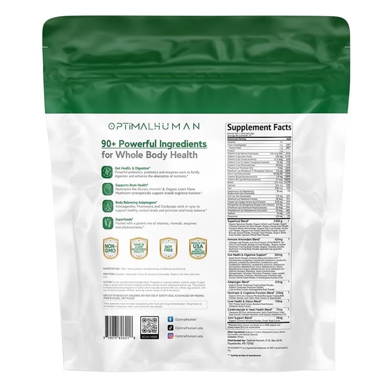 Optimal Human Superfood Greens Powder – 90+ Ingredient Blend with Lion’s Mane Supplement, Ashwagandha & Turmeric – Non-GMO, Soy-Free, Mushroom Supplements for Women – 20 Sachets O HBuy Supplements Australia