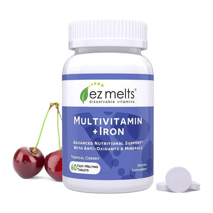 EZ Melts Multivitamin + Iron - Daily Multivitamin for Women & Men - Supports Healthy Energy Levels & Antioxidant Protection - Non-GMO & Vegan - Tropical Cherry