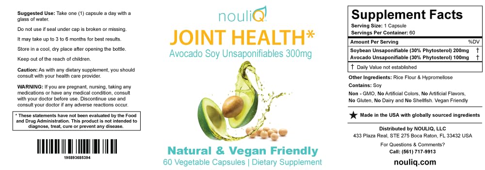 NOULIQ Natural & Vegan-Friendly Joint Health Supplement, Avocado Soy Unsaponifiables 300mg, Non-GMO, Free of Any Gluten, Artificial Colors or Flavors, Dairy and Shellfish, 60 Day Supply. NOULIQBuy Supplements Australia