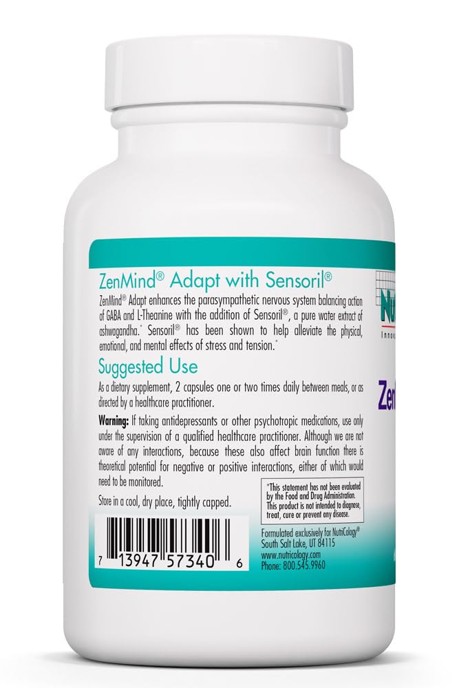 NutriCology ZenMind Adapt - 200 mg L-Theanine, 125 mg Ashwagandha & 550 mg GABA - Supports Stress Response and Calmness - Vegetarian Capsules - Hypoallergenic Formula - 30 Servings - 60 Capsules Allergy Research GroupBuy Supplements Australia