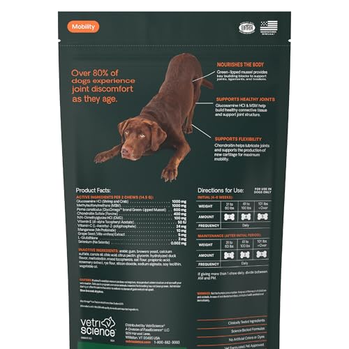VetriScience Ultimate Strength Healthy Hip & Joint Chews, GlycoFlex Glucosamine, Chondroitin and Green-Lipped Mussel Joint Support Supplement for Dogs, Soothe Joint Discomfort, Duck, 120 Count VETRISCIENCEBuy Supplements Australia