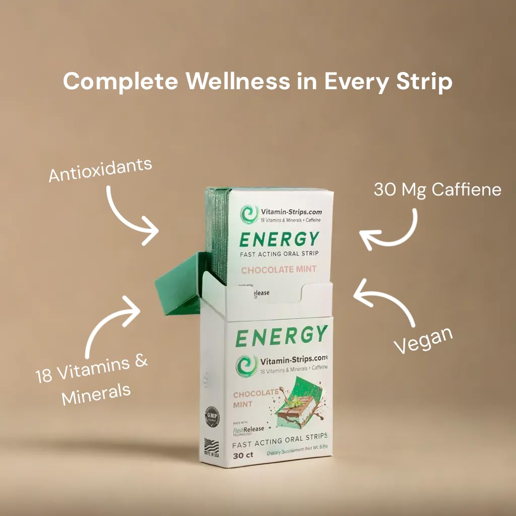Peak Performance Energy Strips — Vegan, Gluten Free, Soy Free & Sugar-Free Breath Strips w/Caffeine, 18 Vitamins & Minerals — Instant Energy Boost Chocolate Mint Dietary Supplement — 30 Oral Strips Vitamin-StripsBuy Supplements Australia