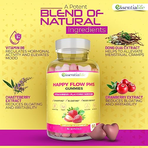 Happy Flow Strawberry-Flavor Chewable PMS Gummies | Hormone Balance Chasteberry EssentialifeBuy Supplements Australia