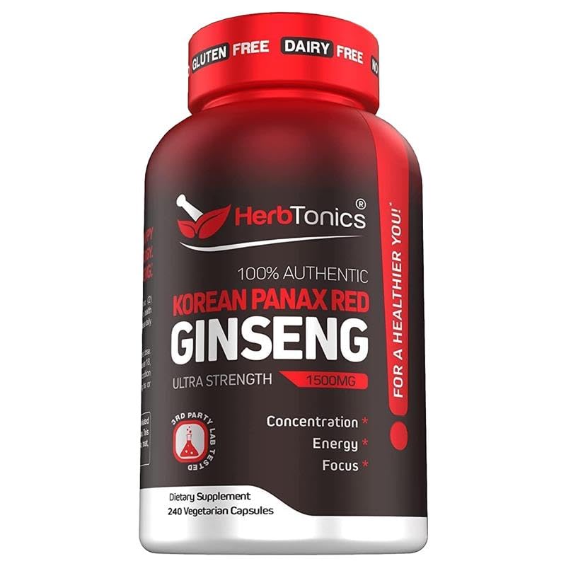 Herbtonics Korean Red Panax Ginseng 1500mg - Energy Supplement for Peak Performance, Focus & Vitality - High Potency Ginseng Root Extract - 240 Vegan Capsules HerbtonicsBuy Supplements Australia