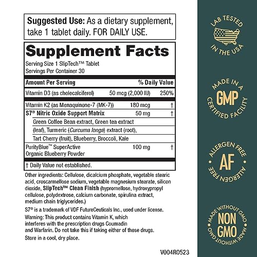 Purity Products Artery Pill Core from MK-7 Vitamin K2, Plant-Based S7 Nitric Oxide Booster, Vitamin D3, Organic Blueberries - Promotes Arterial Health & Cardiovascular Function - 30 Count