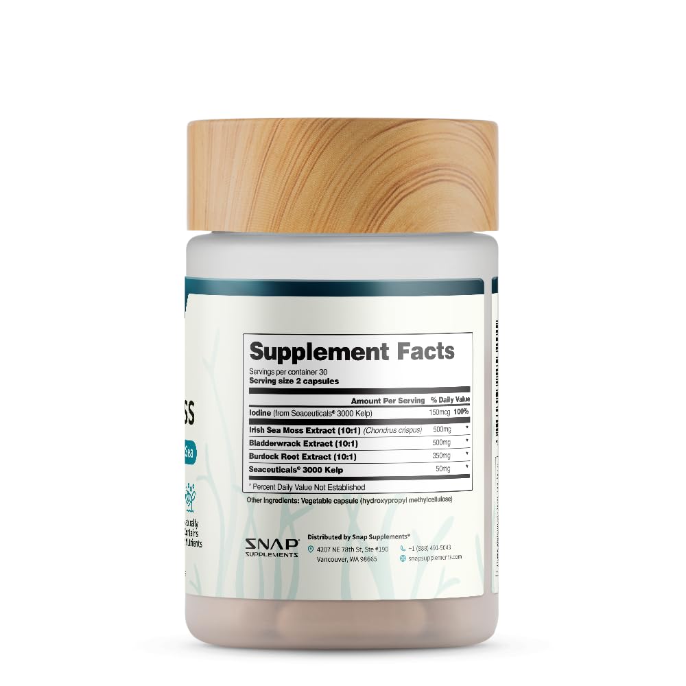 Snap Supplements Irish Sea Moss with Bladderwrack, Burdock Root & Iodine – Natural Sea Moss Supplement to Support Gut Health, Energy & Healthy-Looking Skin, 60 Vegan Capsules (1 Month Supply) Snap SupplementsBuy Supplements Australia