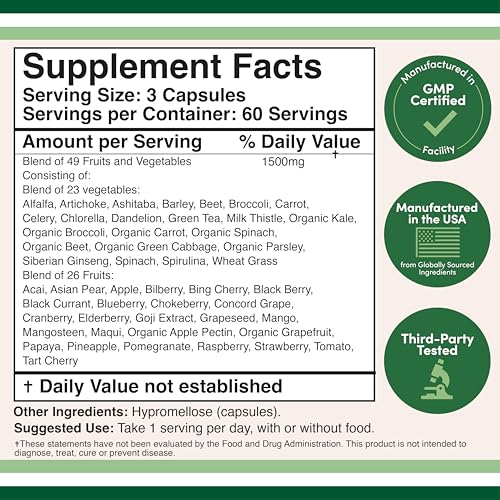 Fruits and Veggies Supplement (Daily Blend of 49 Different Fruits and Vegetables, 23 Veggies and 29 Fruits) 1,500mg Servings, 180 Capsules (No Fillers, Vegan Safe, Non-GMO) by Double Wood Double Wood SupplementsBuy Supplements Australia